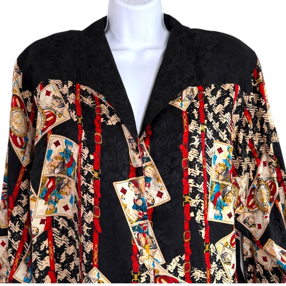Vintage Diane Freis Original Silk Top Playing Cards Print Sz L Boho Luxe Artsy - Picture 2 of 5